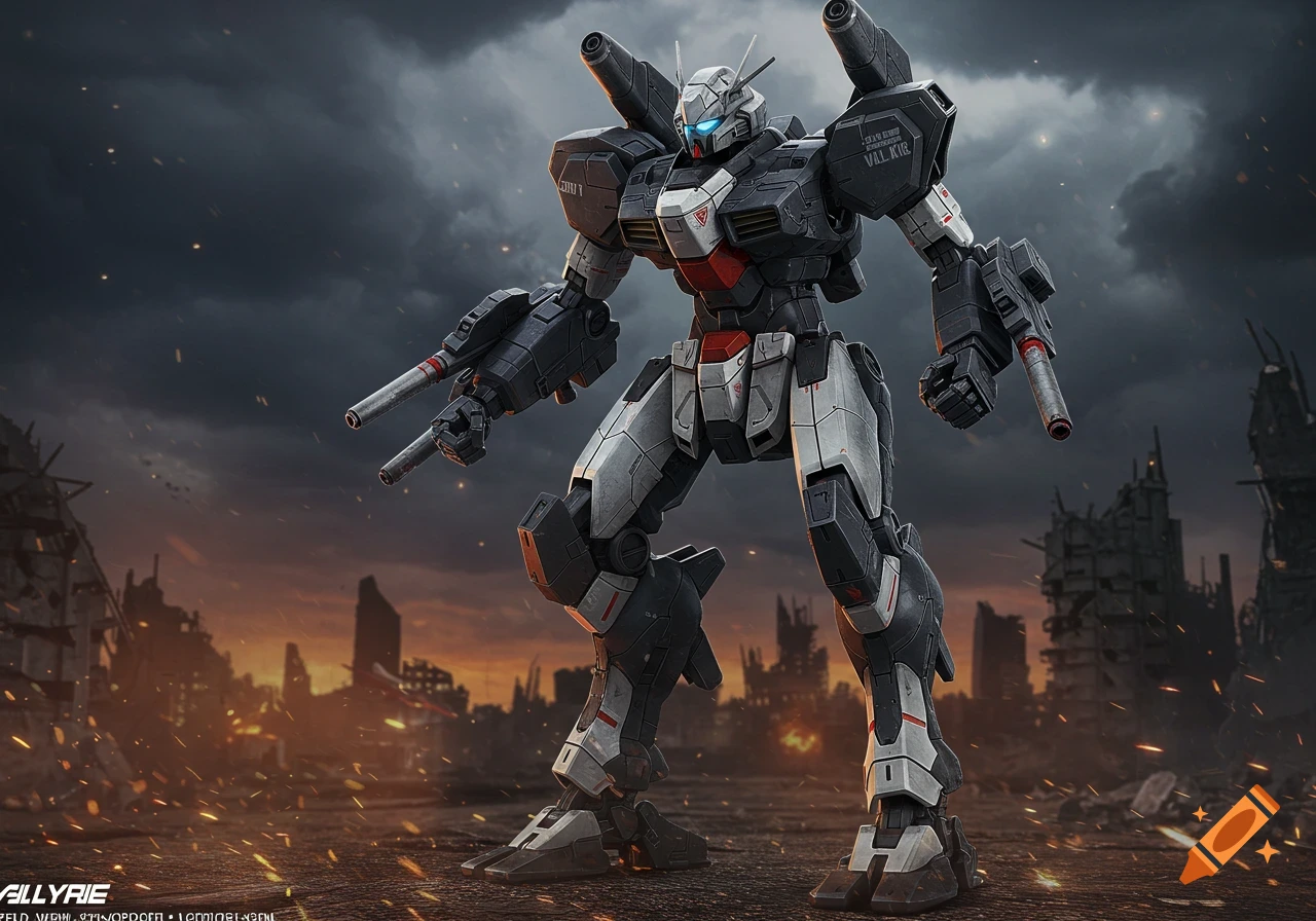A detailed battlemech stands in a destroyed city under a stormy sky at sunset.