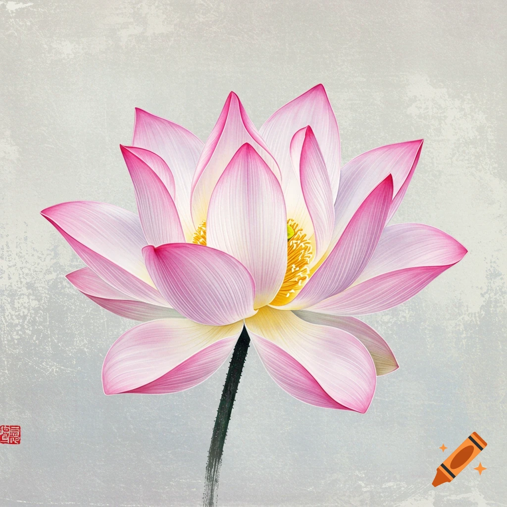 Pink and white lotus flower on a textured background, in an art style inspired by Chinese calligraphy.