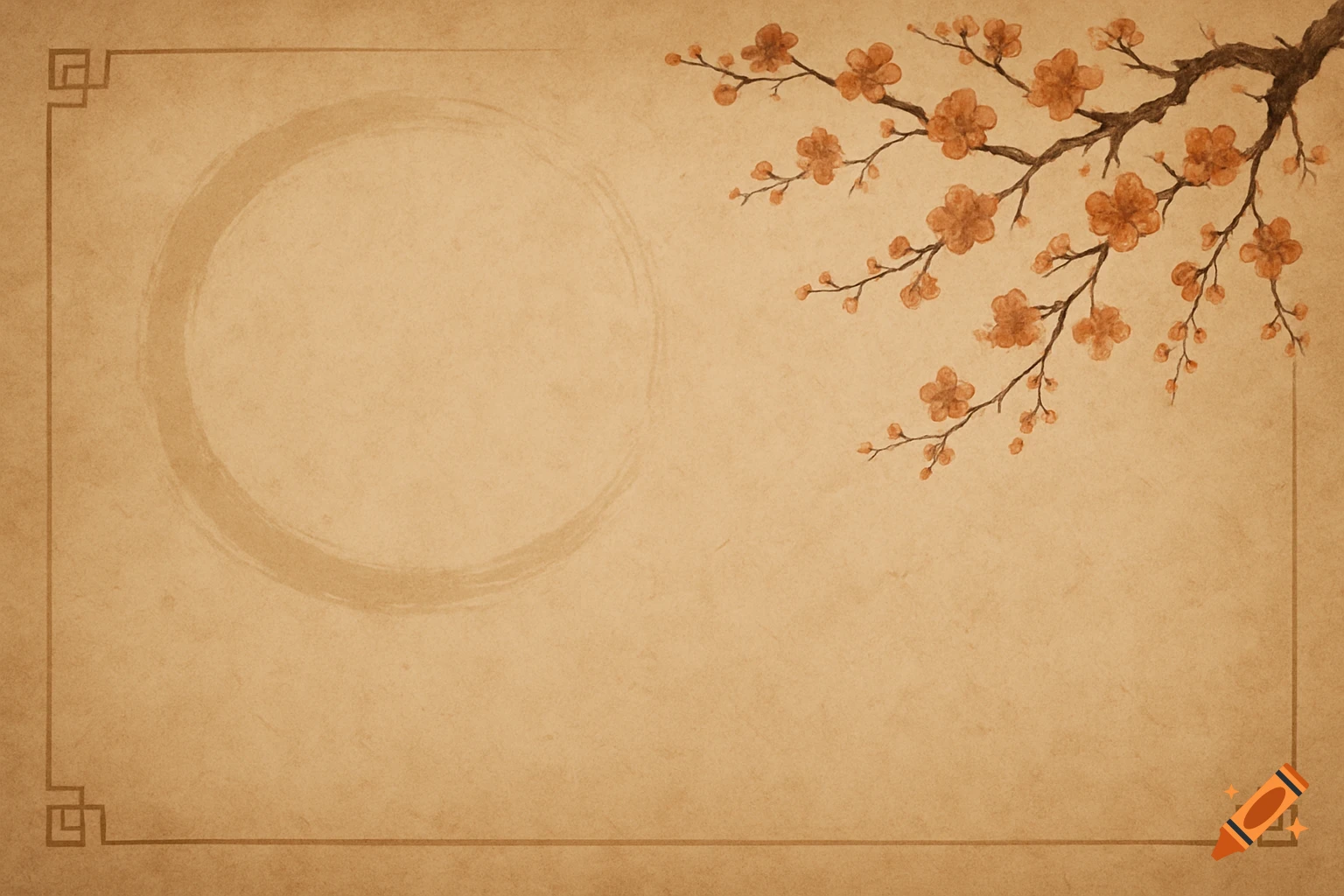 Light brown paper background with Chinese border, watercolor flowering branch, and brushstroke circle.