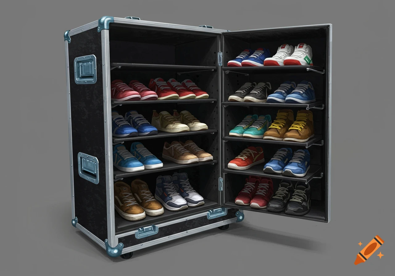 A road case style shoe rack filled with many colorful pairs of sneakers.
