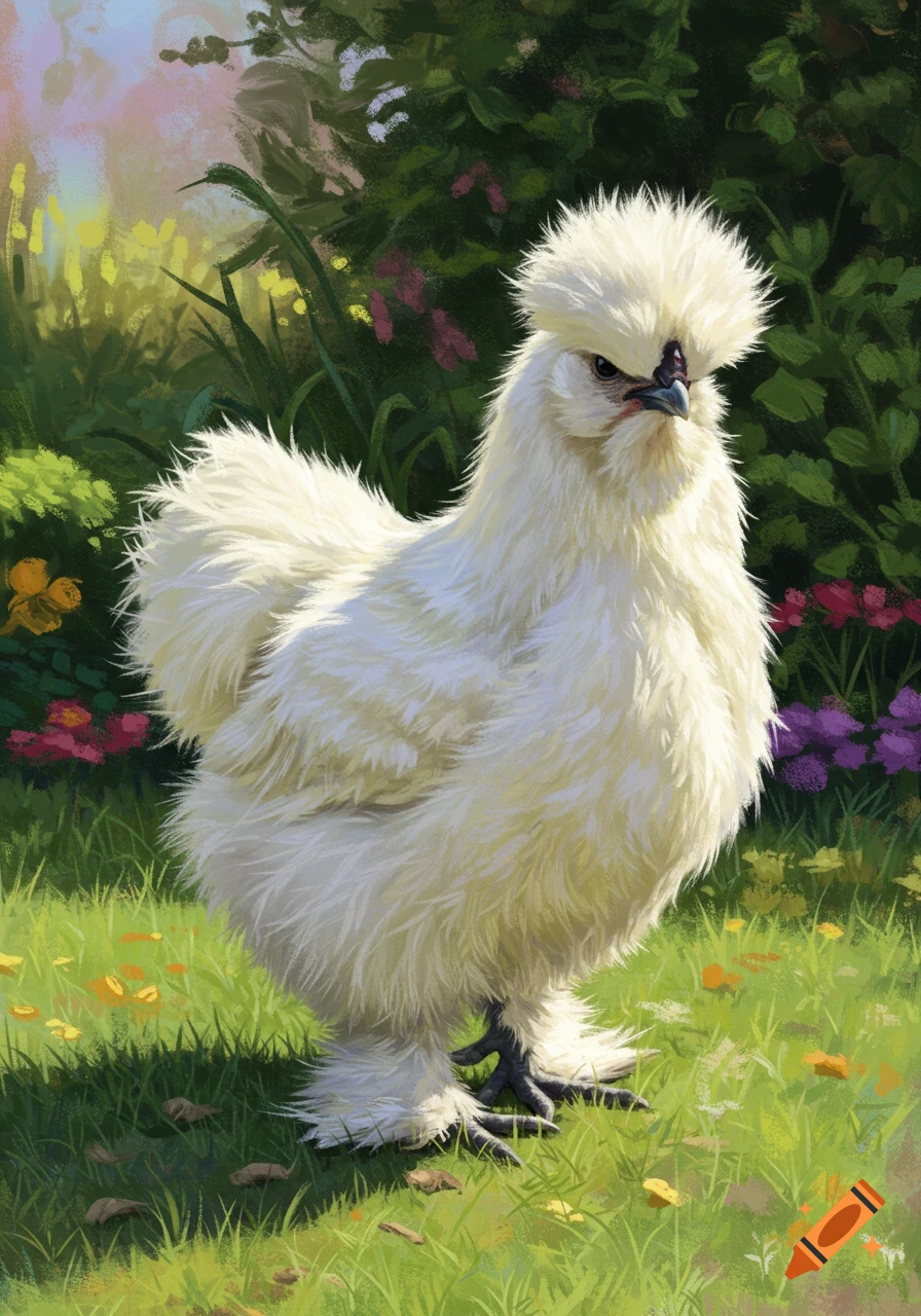 A white Silkie chicken stands in a garden with flowers and grass in a painterly style.