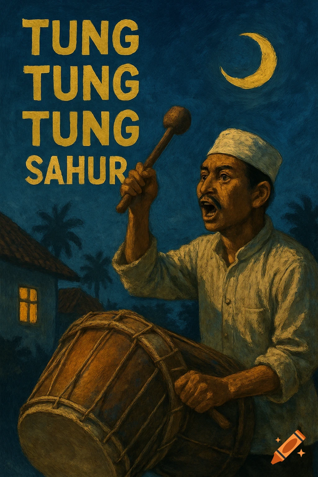 Man beats a drum under a crescent moon for Sahur, with text 'TUNG TUNG TUNG SAHUR'. Painterly style.