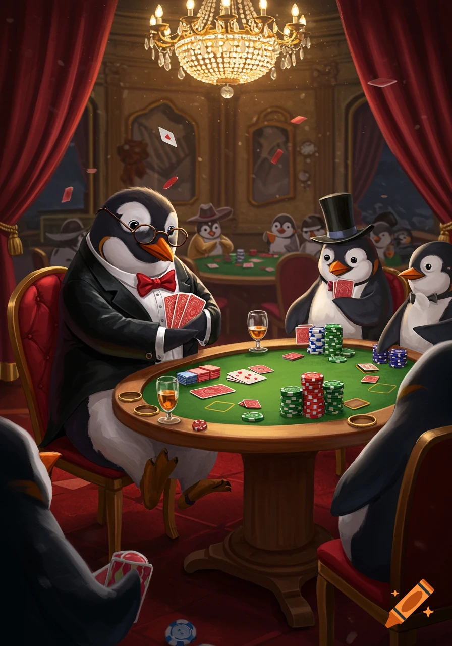 Penguins in suits playing poker at a table in a room.