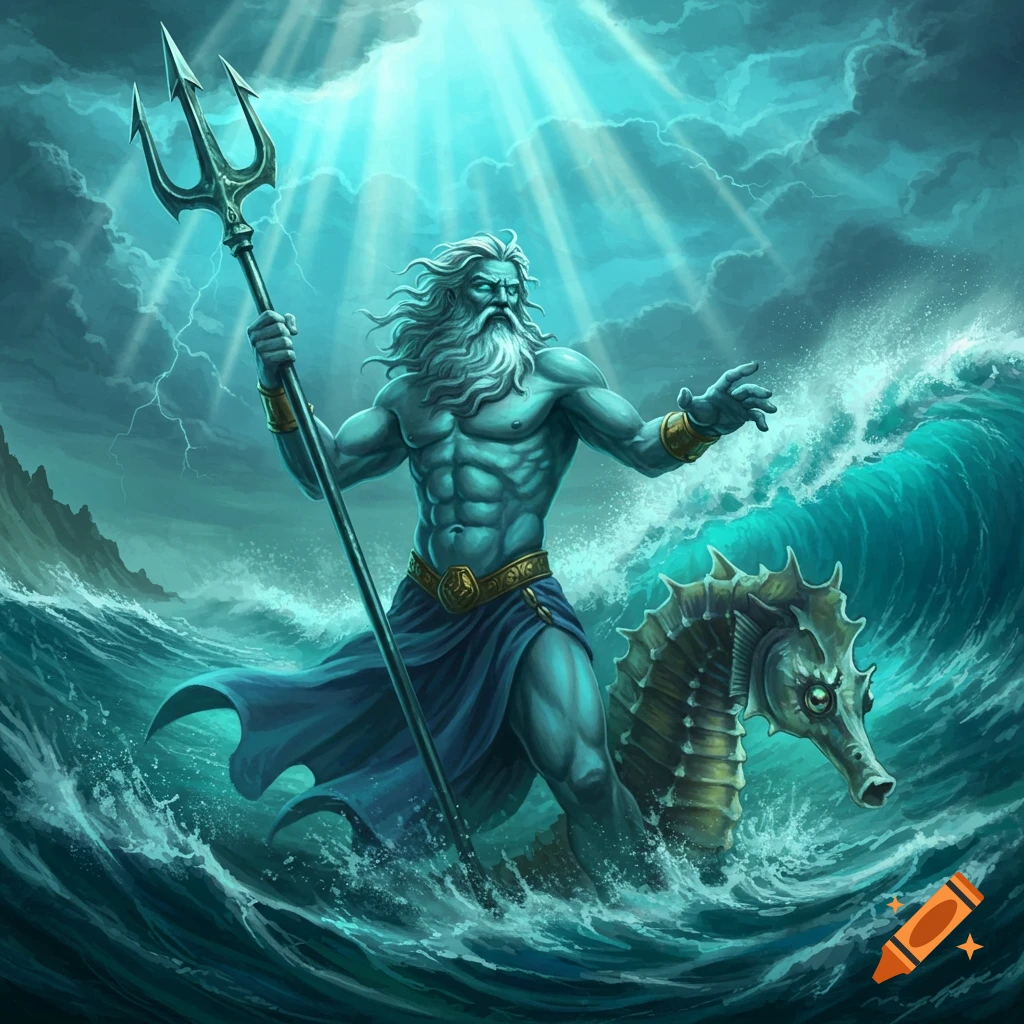 Illustration of a god resembling Neptune riding a seahorse in a stormy sea, holding a trident.