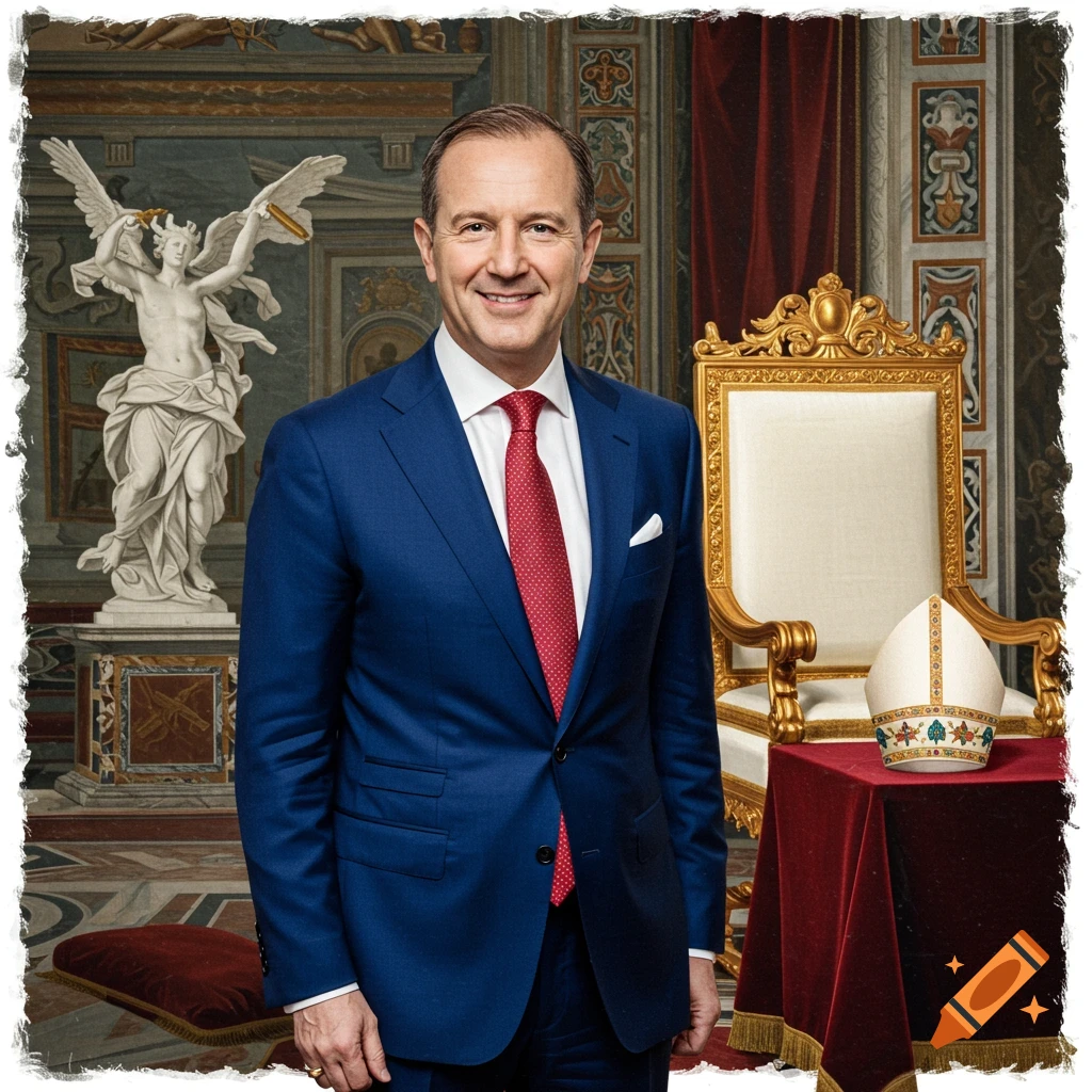Man in blue suit and red tie standing in a formal room with a statue, ornate chair, and religious mitre on a table. Photorealistic.