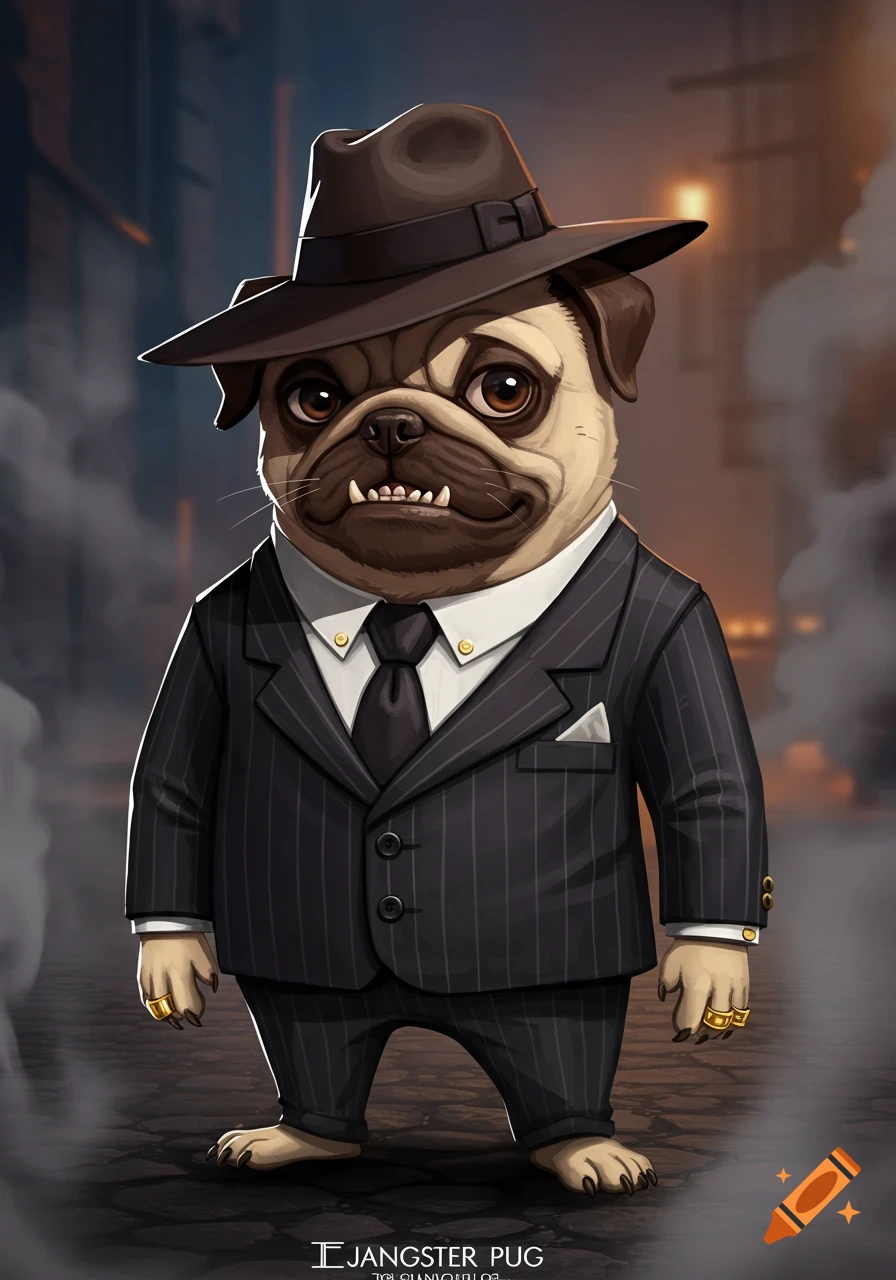 An illustration of a pug dog wearing a pinstripe suit and a fedora hat, standing in a smoky alley.