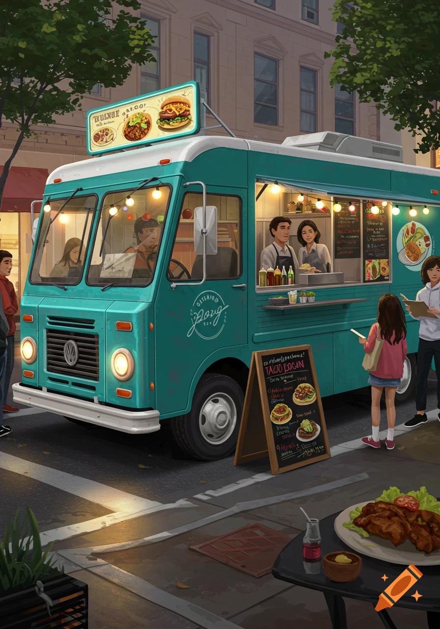 A stylized illustration of a food truck on a city street with people.