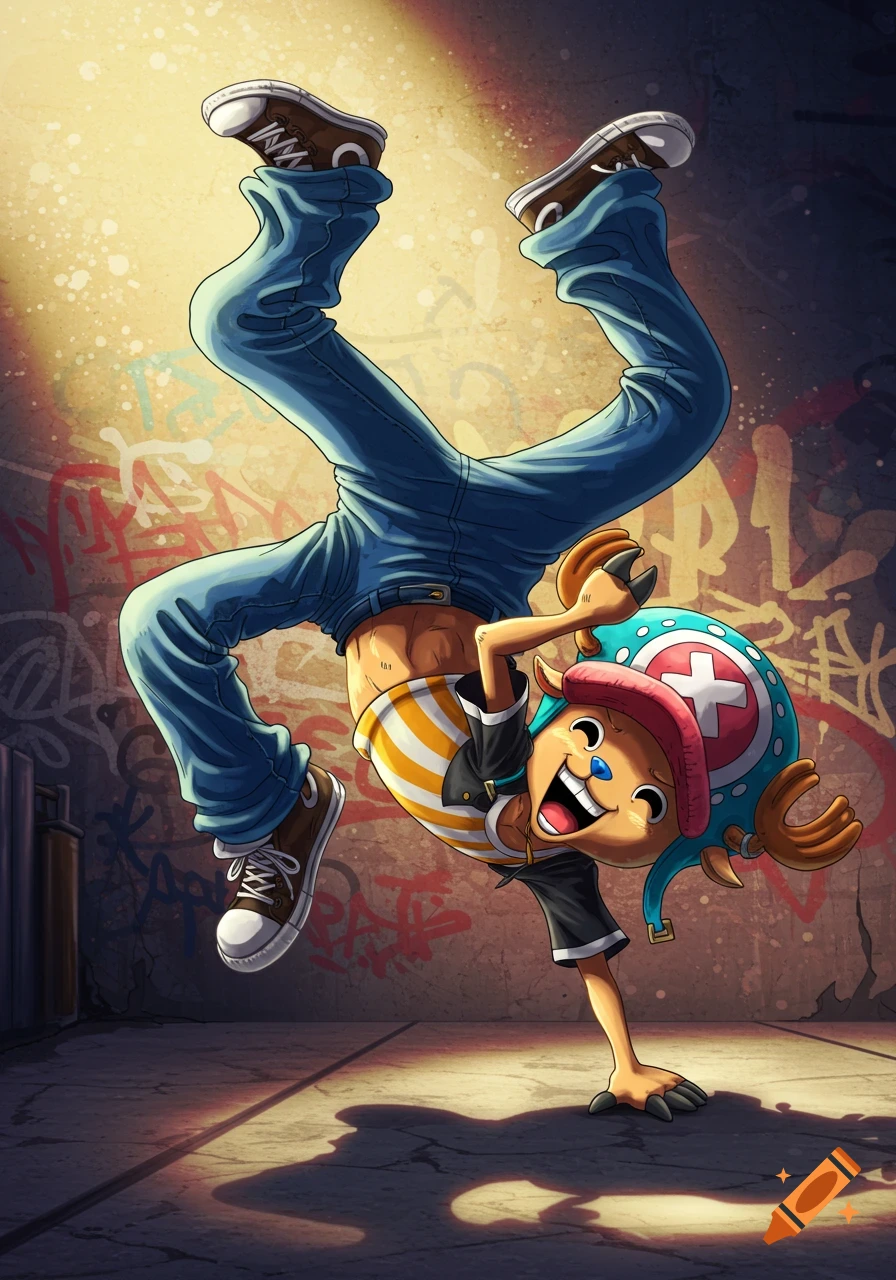 Tony Tony Chopper breakdances on a street with graffiti in a dynamic cartoon illustration.