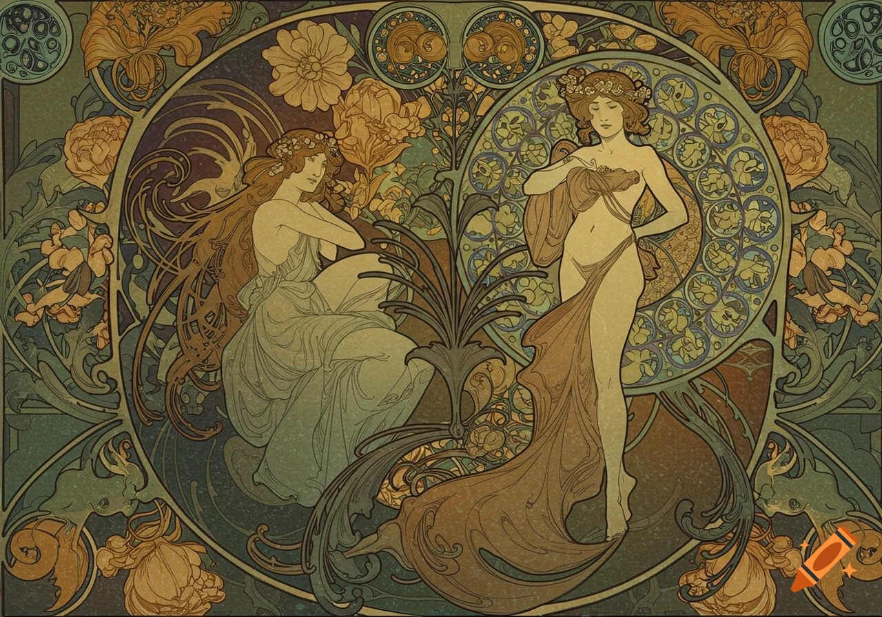 Two women depicted in an Art Nouveau style with ornate floral elements.