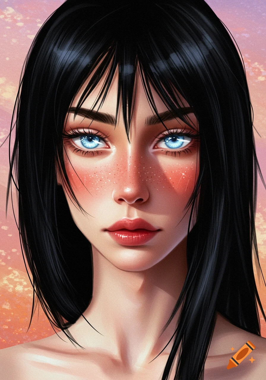 A close-up illustration of a woman with black hair and bright blue eyes ...