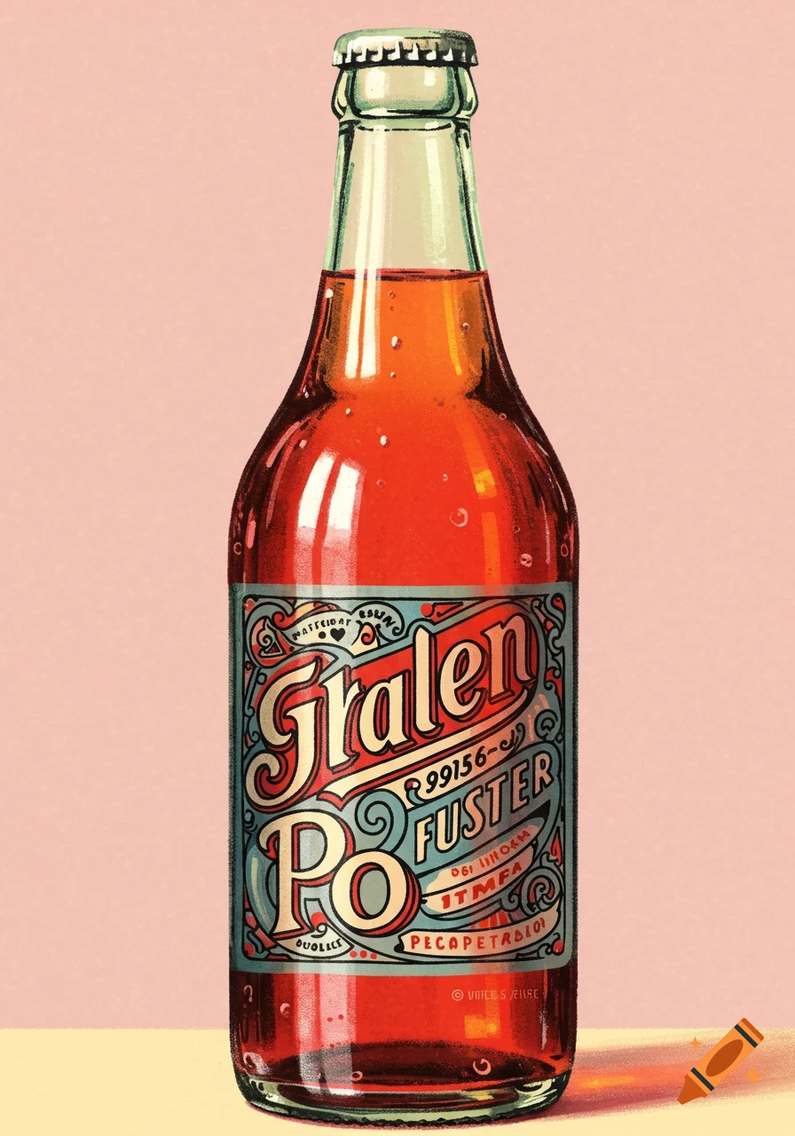 An illustration of a vintage bottle with a colorful label.