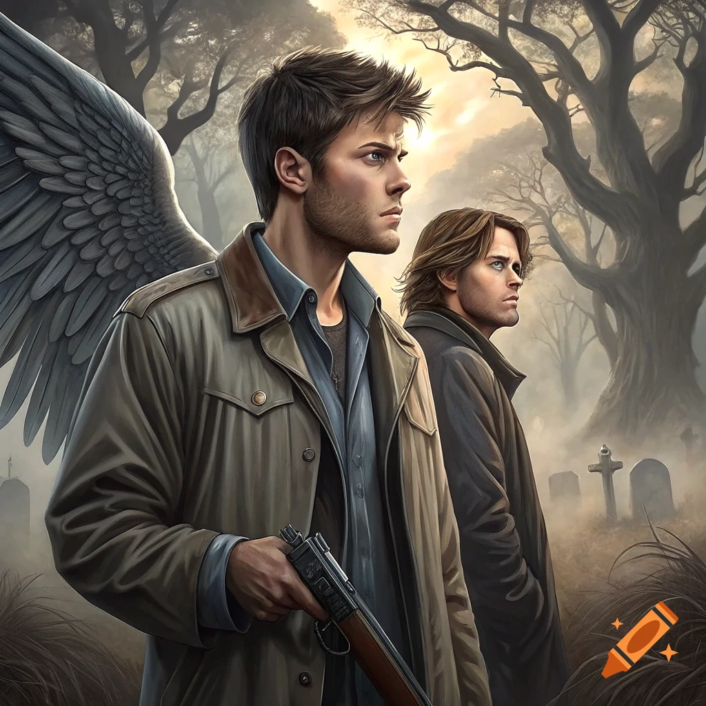 Two men, one with angel wings, stand in a foggy cemetery holding a rifle.