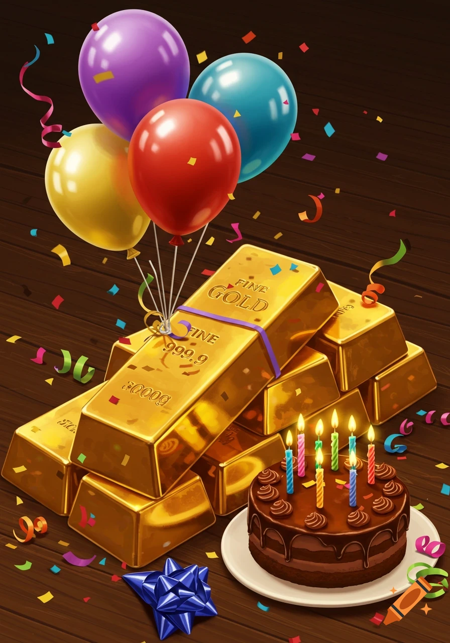 A stack of gold bars sits next to a birthday cake with lit candles, surrounded by balloons and confetti on a wooden table.