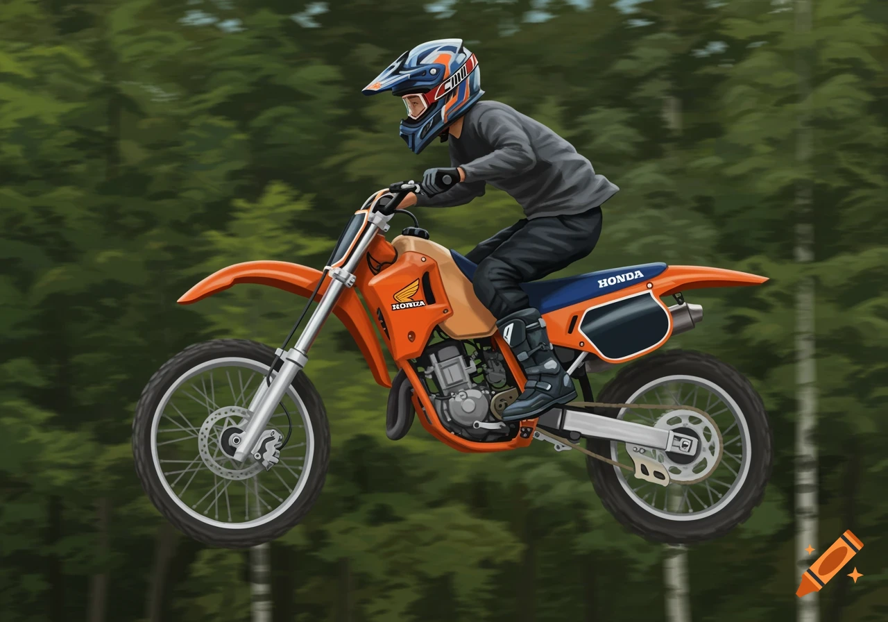 Illustration of a boy on an orange dirt bike jumping in the air against a background of trees.