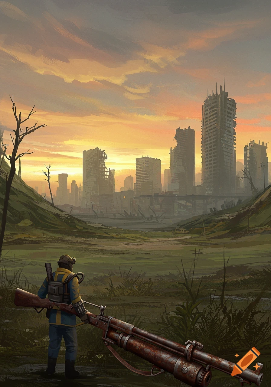 Digital painting of a person with a rifle looking at a ruined city in a post-apocalyptic wasteland at sunset.