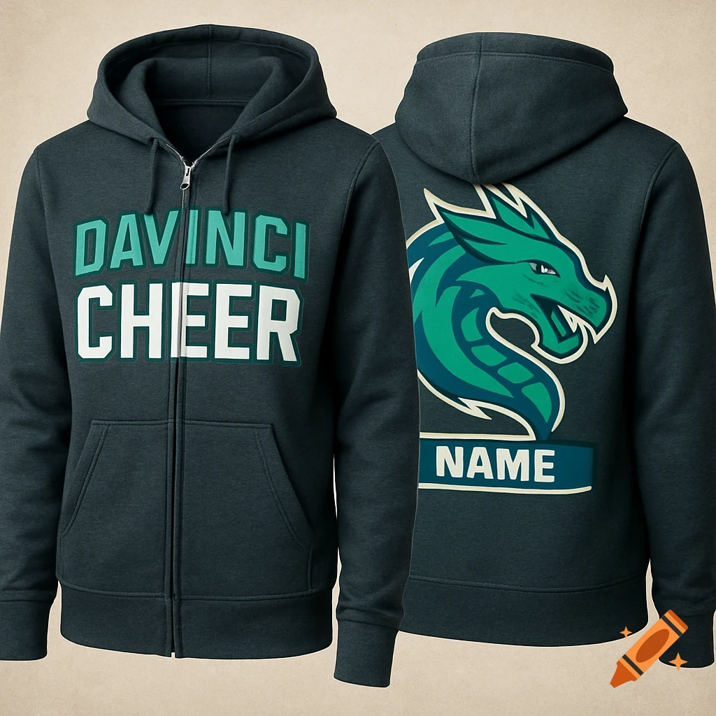 Two views of a dark grey zip-up hoodie: front with teal and white "DAVINCI CHEER" text, back with a green dragon logo and "NAME" box.