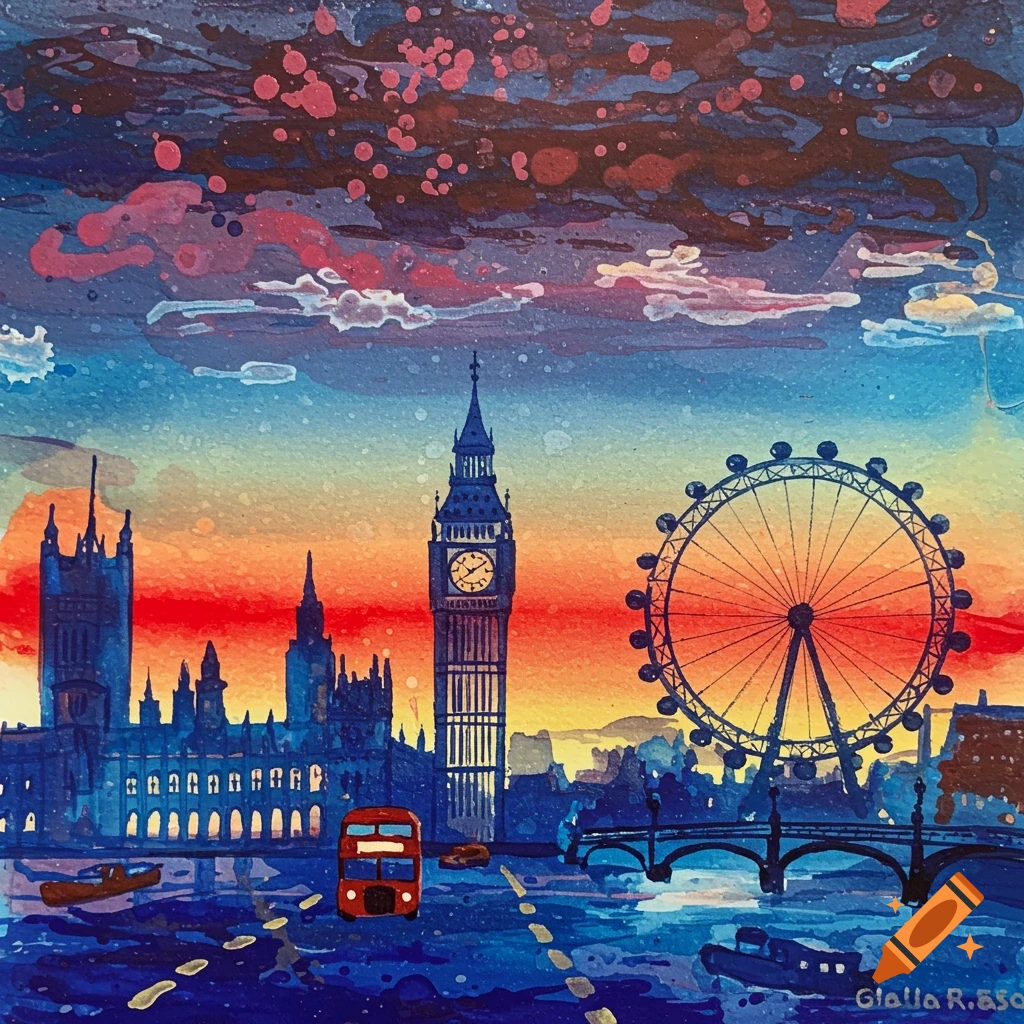Gelli ink print of the London skyline at sunset, featuring Big Ben, the Houses of Parliament, and the London Eye.