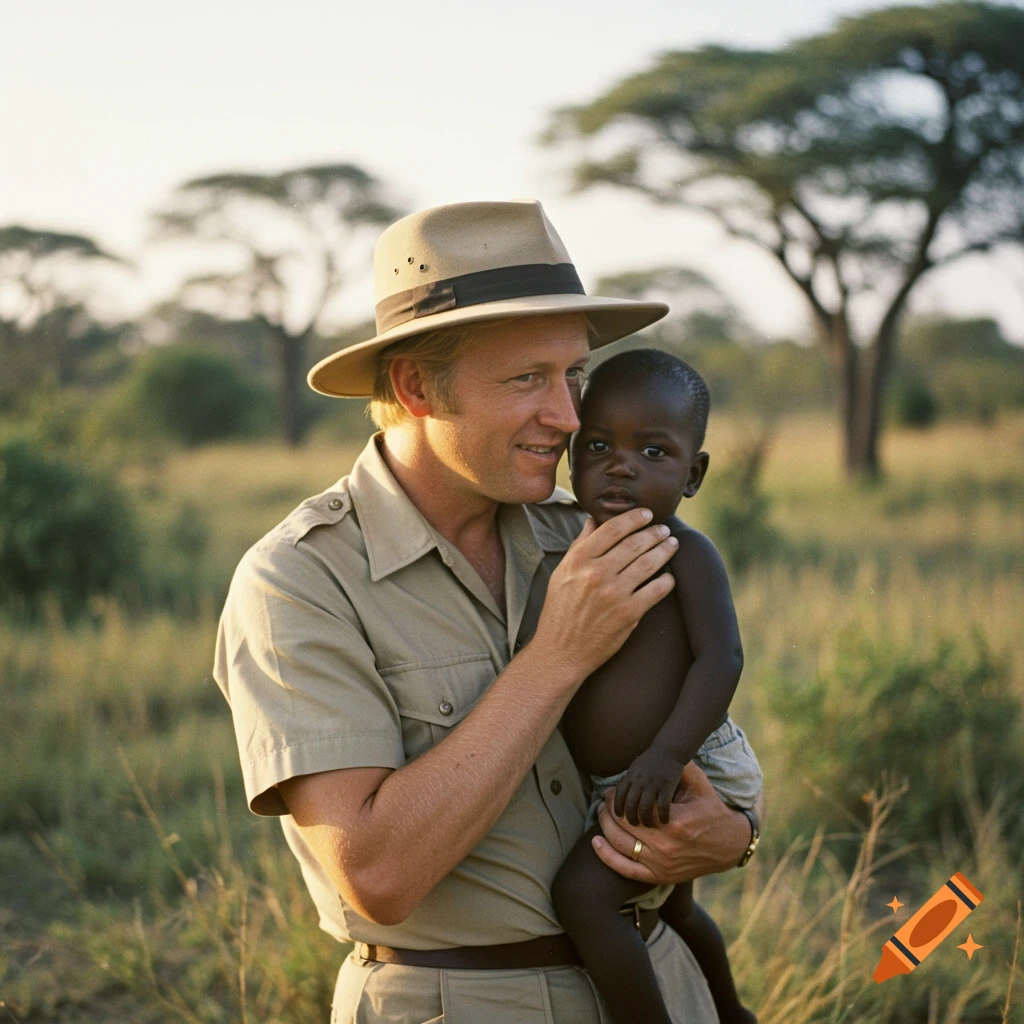 Man in a safari hat holding a young child in a savanna landscape.