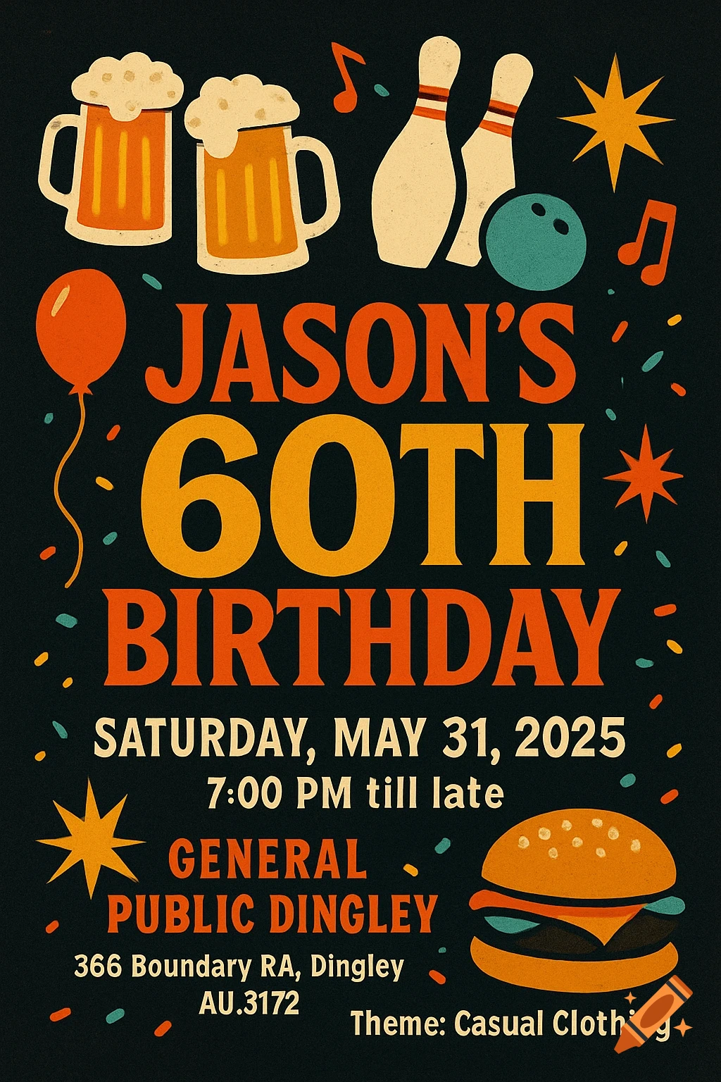 Retro-style birthday invitation with beer, bowling pins, and burger illustrations.