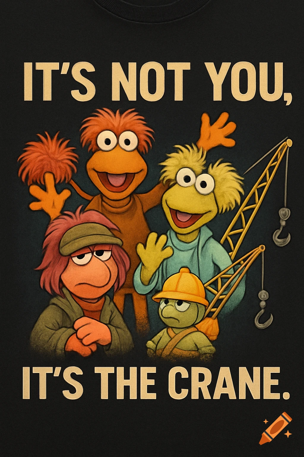 Fraggle Rock characters and a Doozer with a crane and text 'It's Not You, It's the Crane' on a dark background.