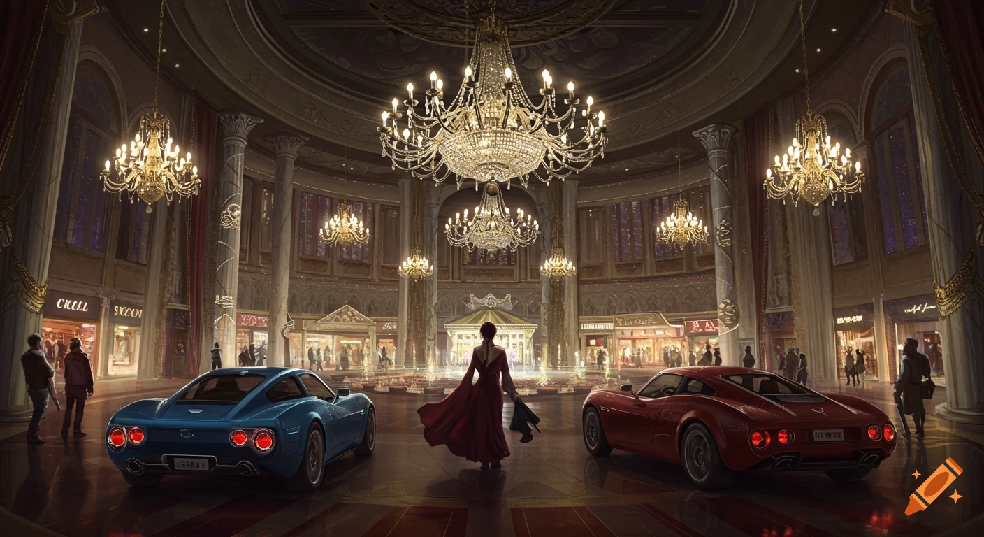 Luxurious hall with chandeliers, blue and red classic sports cars, and a person in a red dress.