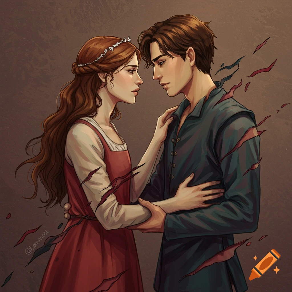 Illustration of a man and woman in period clothing embracing, with ripped fabric effects around them.