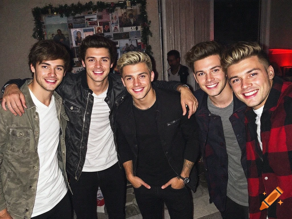 Five young men smiling and posing for a photo indoors.