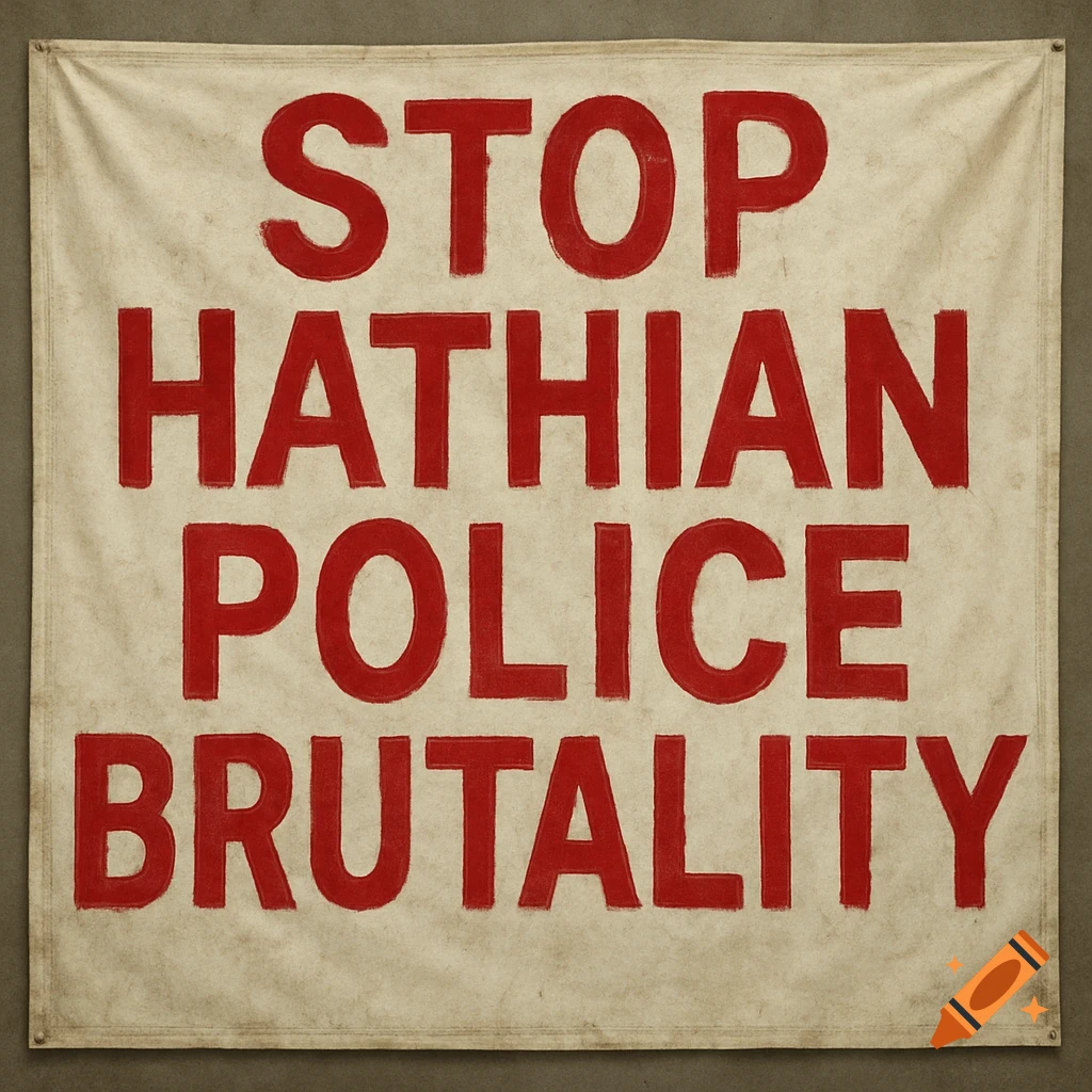 A white banner with red text that reads 'STOP HATHIAN POLICE BRUTALITY'.