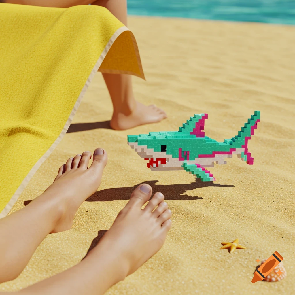 A pixelated teal and pink shark sits on a sandy beach near two sets of feet and a yellow towel.