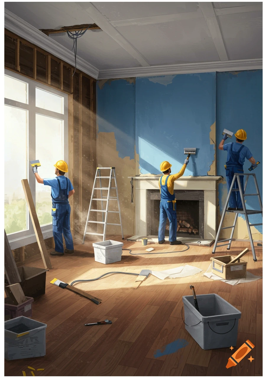 Illustrative scene of construction workers renovating a room, patching blue walls and working near a window.