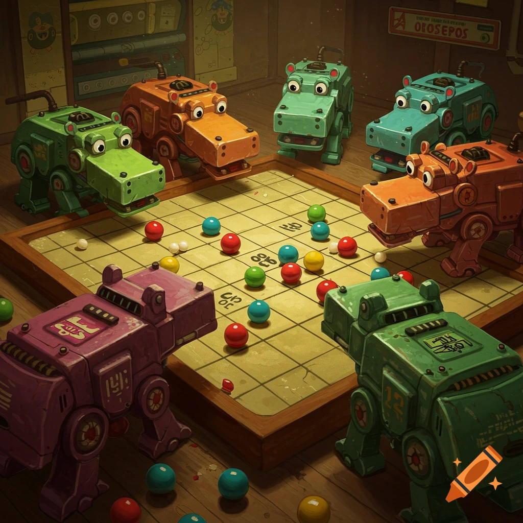 Cartoon robot hippos play a board game with colorful marbles.