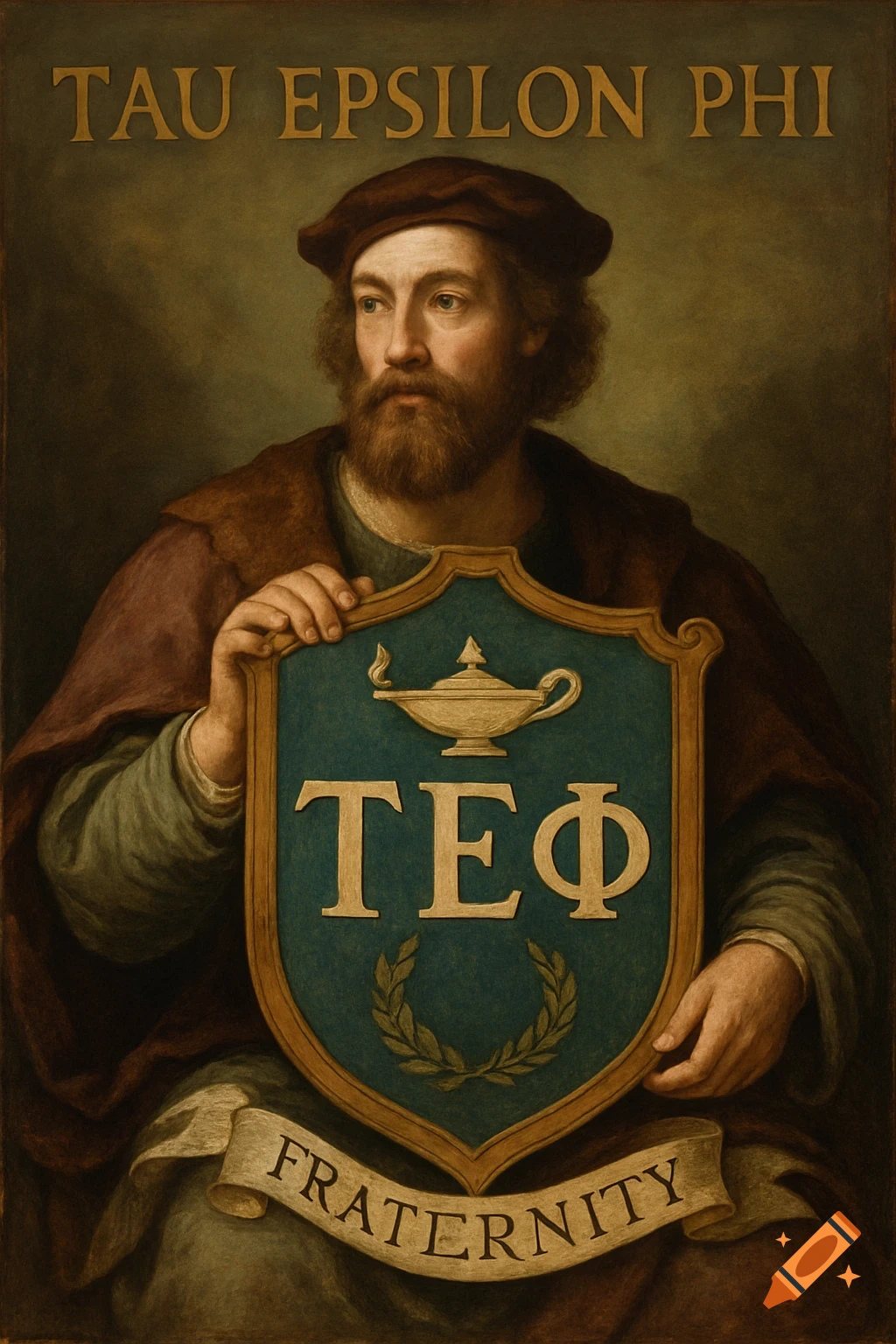 Renaissance style portrait of a man holding a shield with Greek letters TEPh and a lamp, with 'Tau Epsilon Phi Fraternity' text.