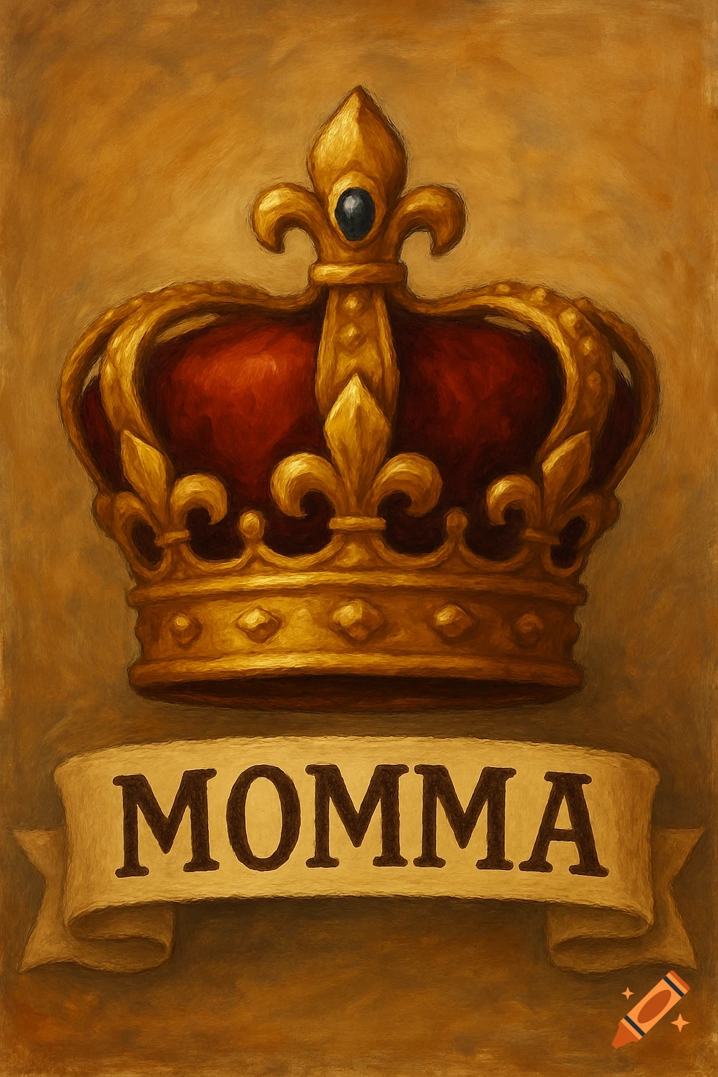 An oil painting of a golden and red crown above a banner with the word MOMMA.