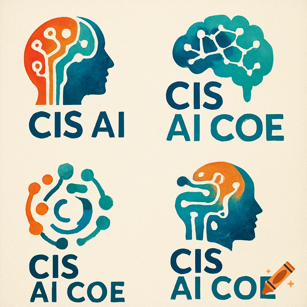 Four watercolor logo designs featuring abstract human heads/brains and the text 'CIS AI COE'.