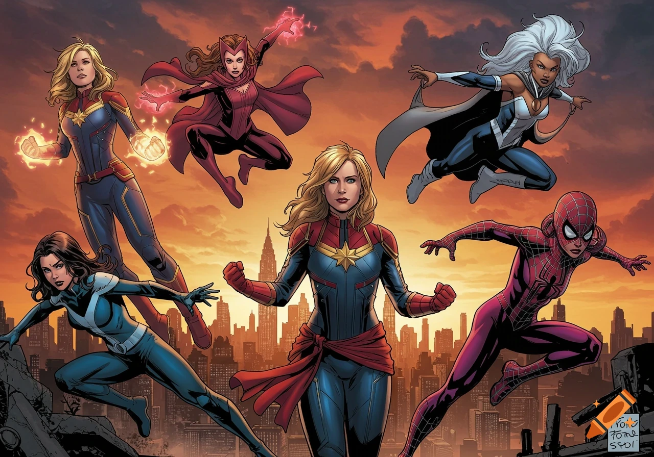 Multiple female superheroes including Captain Marvel, Scarlet Witch, Storm, and Spider-Woman pose against a city skyline at sunset in comic book style.