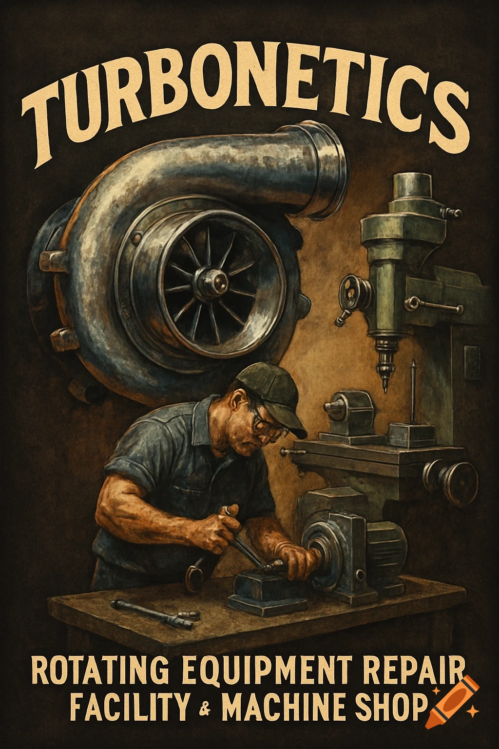 Vintage poster of a mechanic working on machinery with a large turbocharger and shop name text.