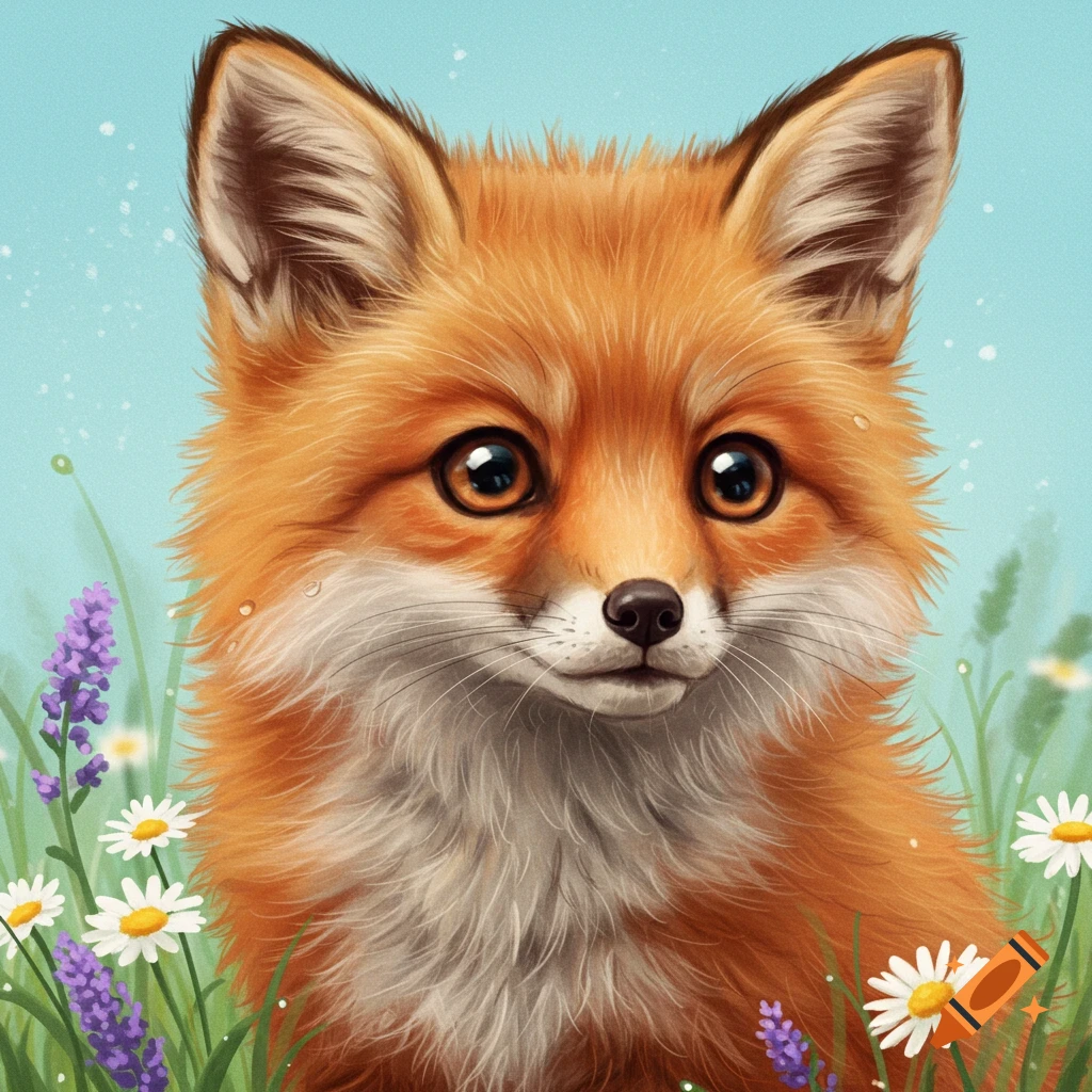 Close-up portrait of a cute fox in a field of daisies and lavender flowers.