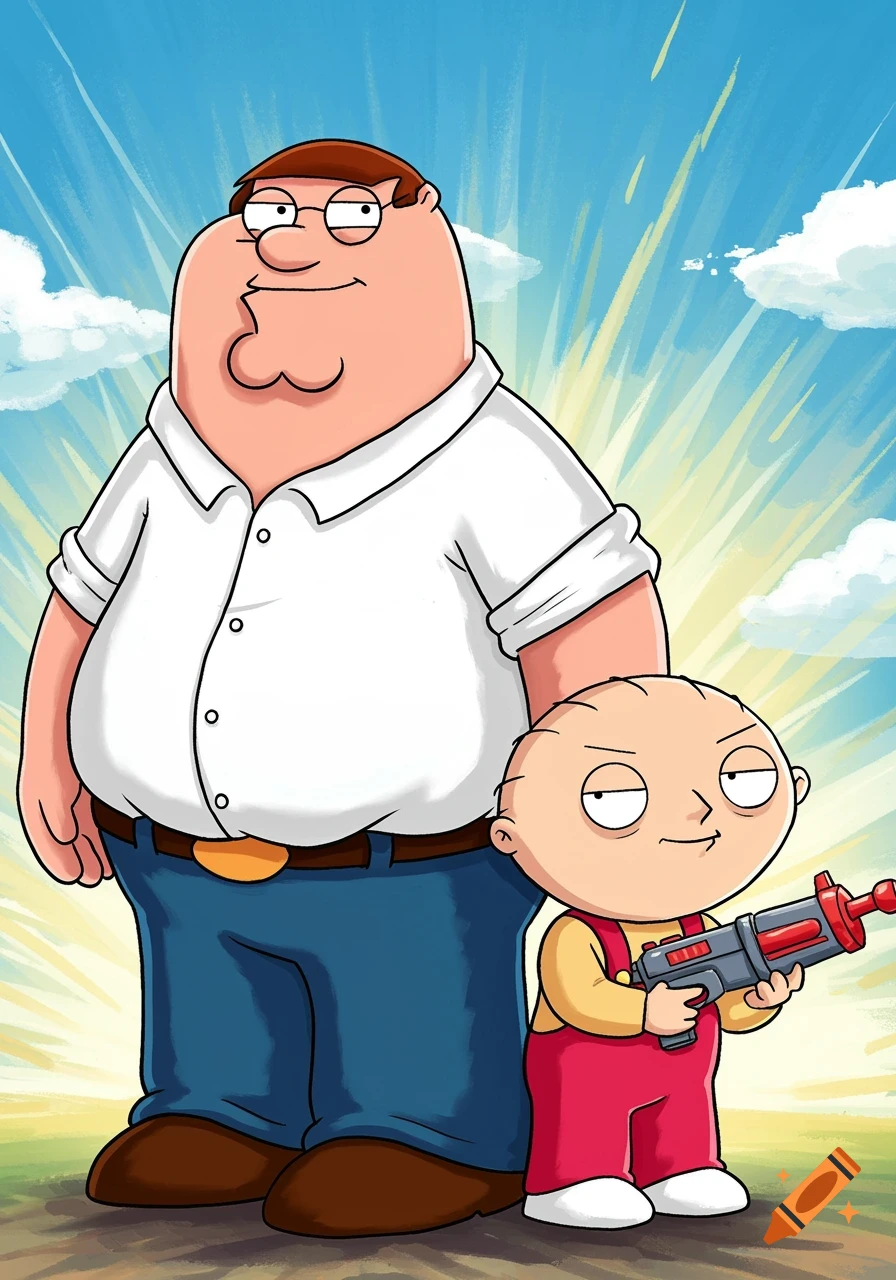 Peter Griffin and Stewie Griffin stand together in a cartoon style.