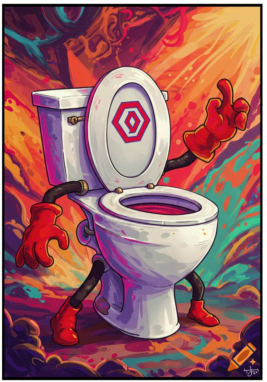 Cartoon toilet character with red gloves and boots giving the middle finger against a colorful background.