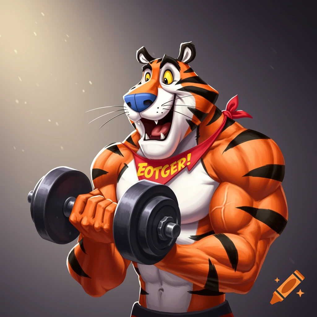 Muscular cartoon tiger lifting a dumbbell.