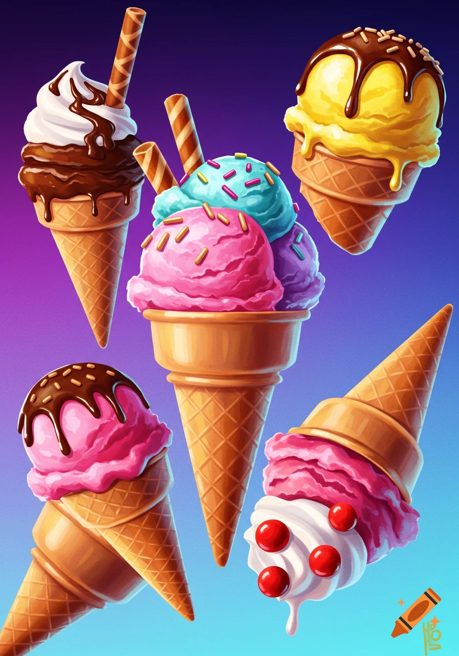 Colorful illustration of various ice cream cones.