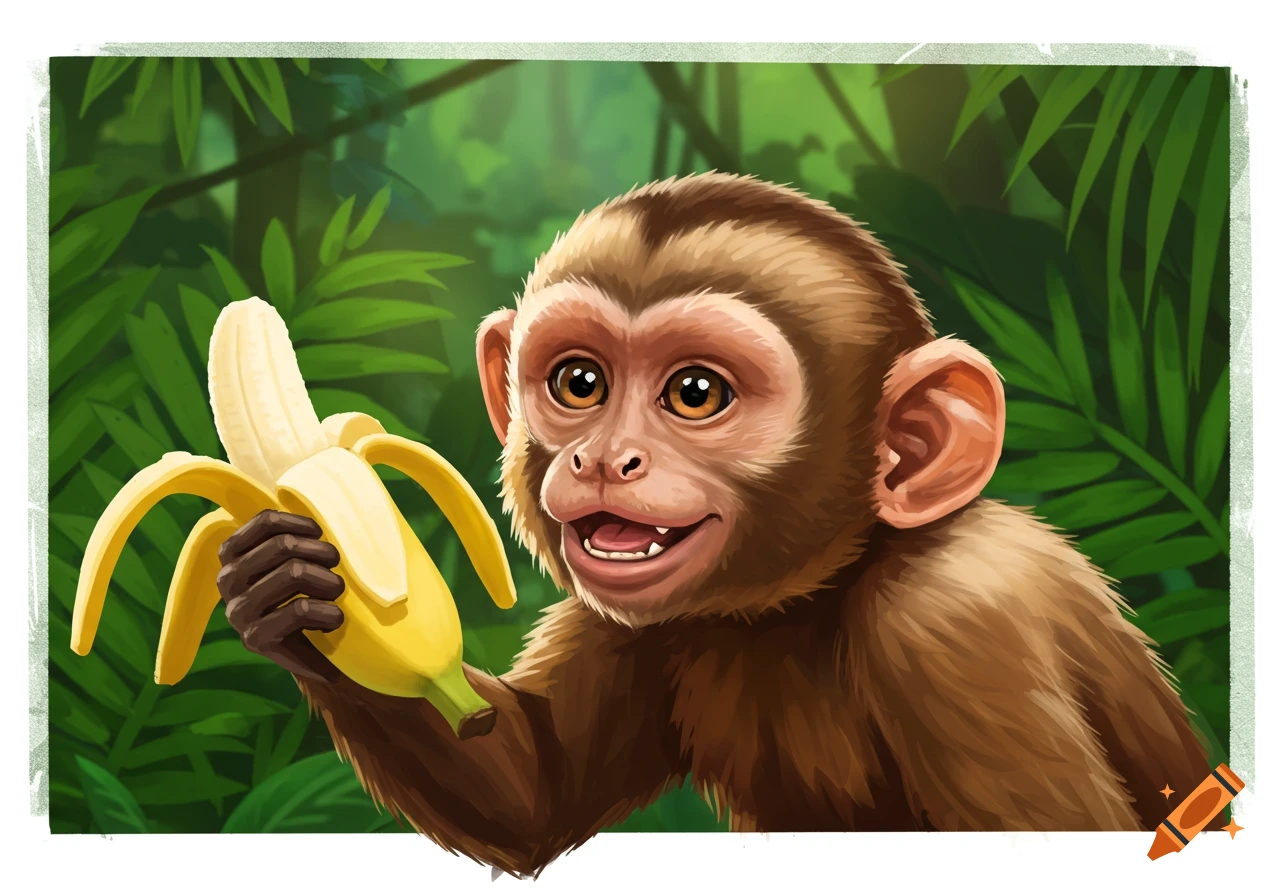 An illustration of a cartoon monkey holding a peeled banana in a jungle setting.