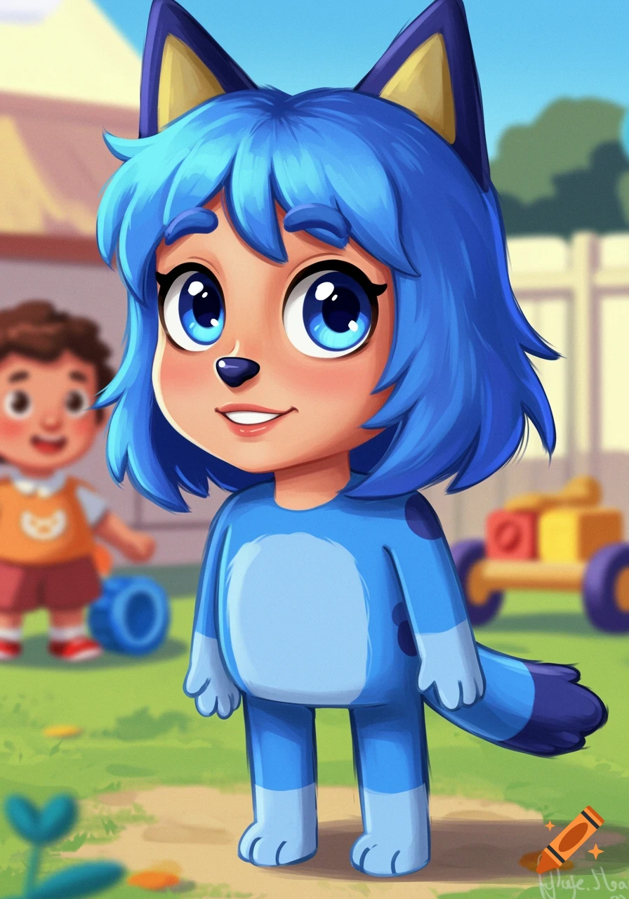 Cartoon illustration of a human child dressed as Bluey in a backyard.