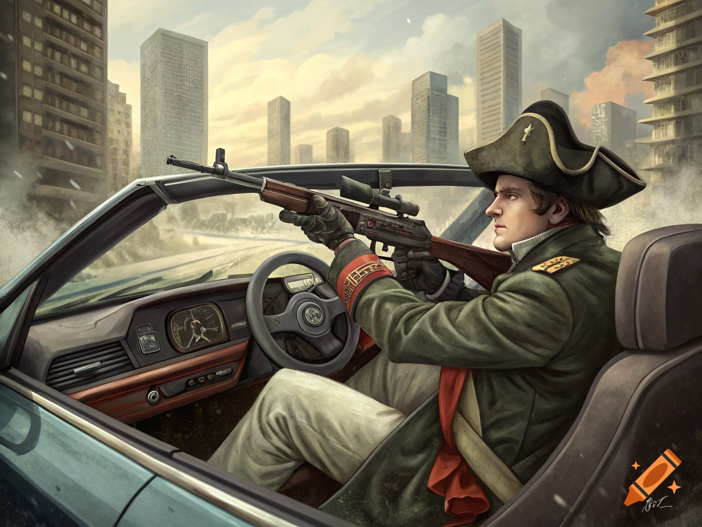 Napoleon in a convertible car shooting a rifle with a cityscape in the background.