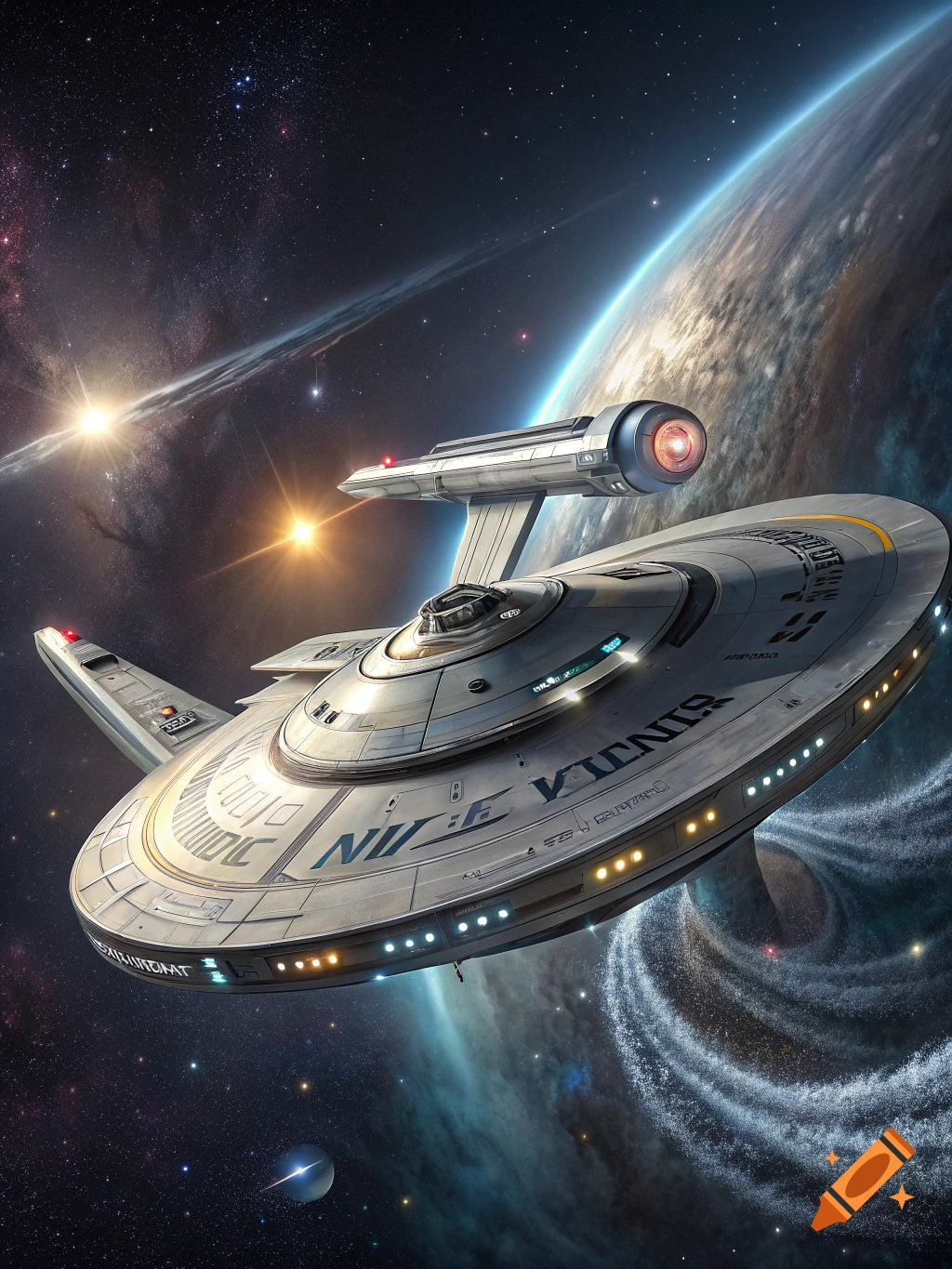 Star Trek style spaceship orbiting a planet in space