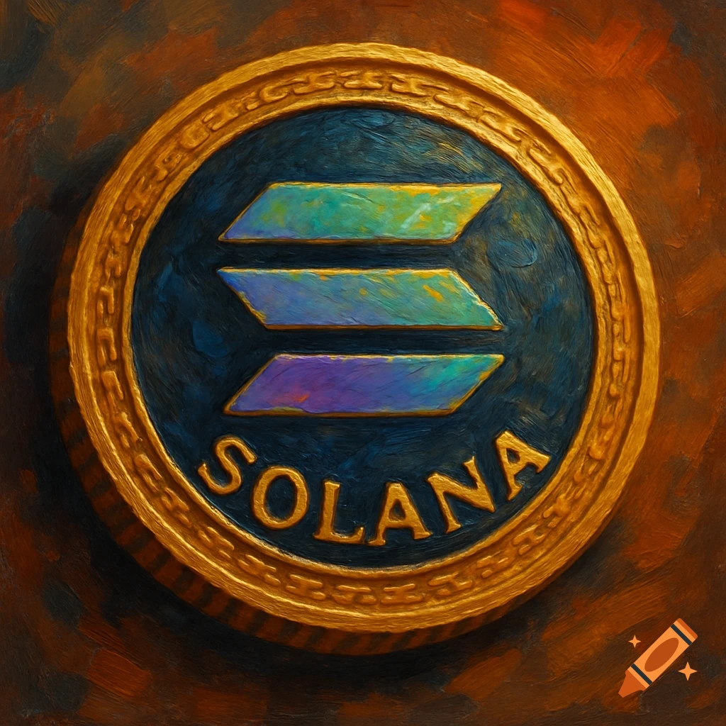 Painterly gold coin with Solana logo and text