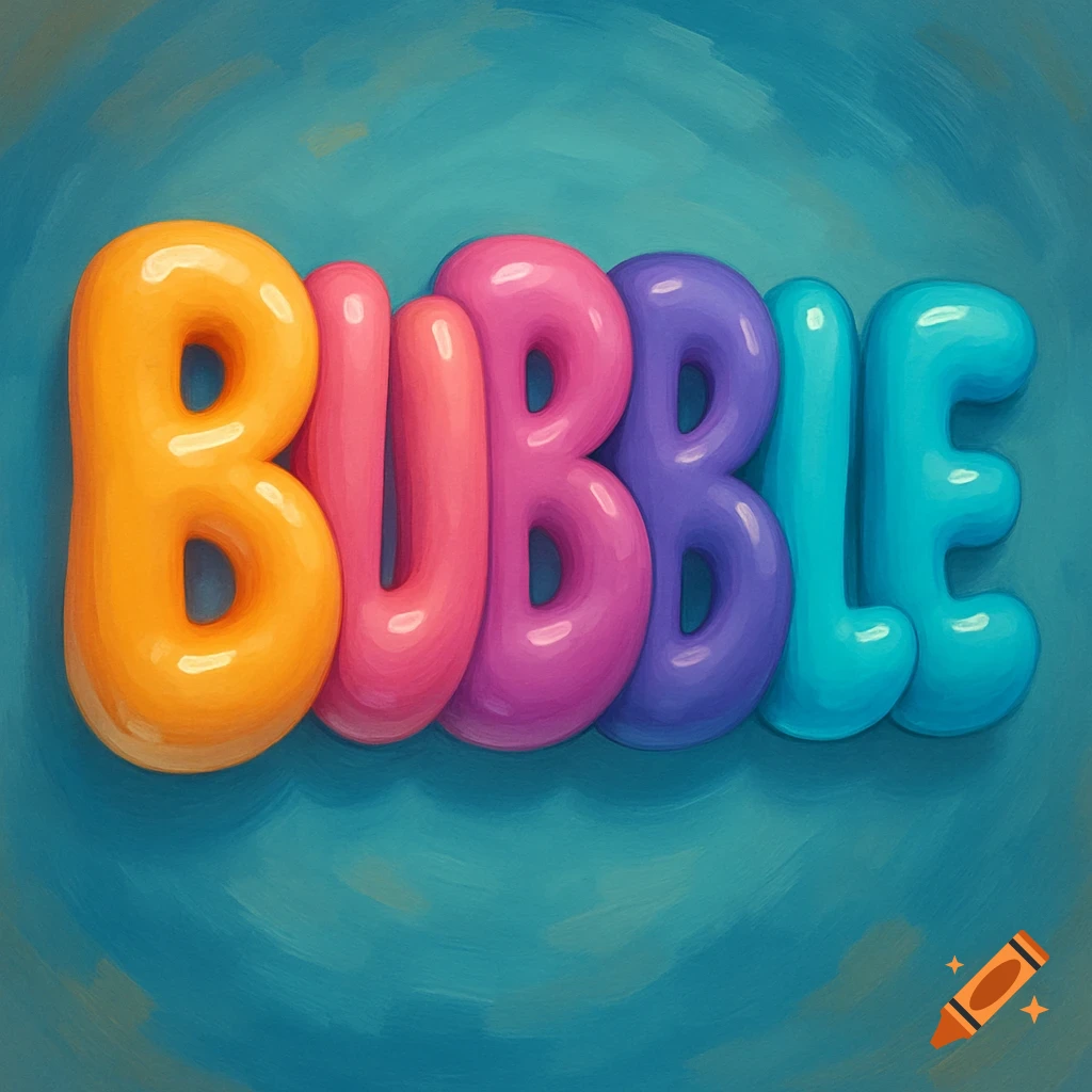 Colorful bubble letters spelling BUBBLE on a textured blue background.