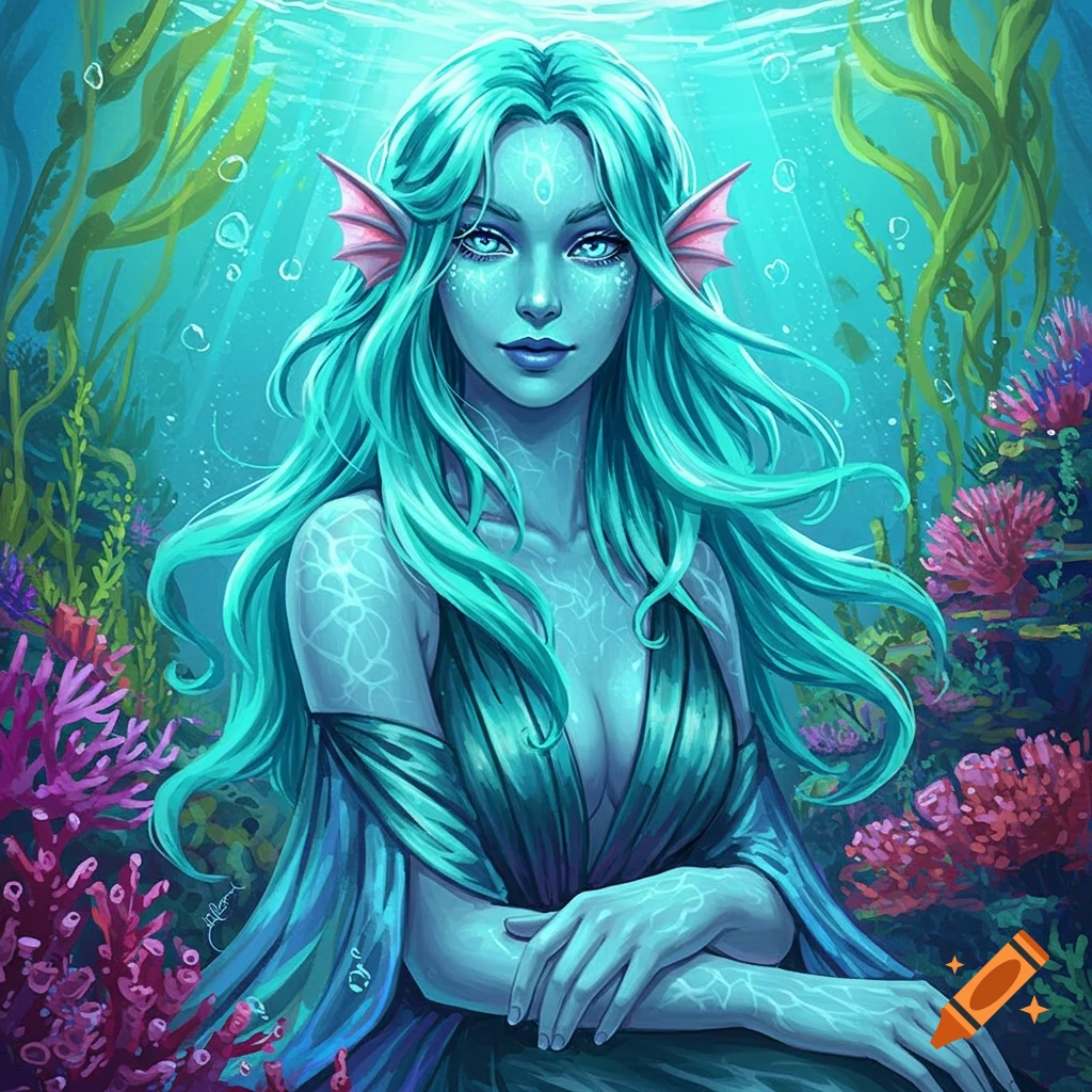Digital painting of a blue-skinned fantasy character with teal hair underwater among coral and kelp.