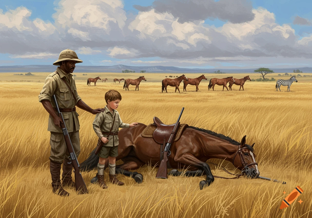 Man and boy with rifles stand over a fallen horse in a grassy field. Horses and a zebra are in the distance.