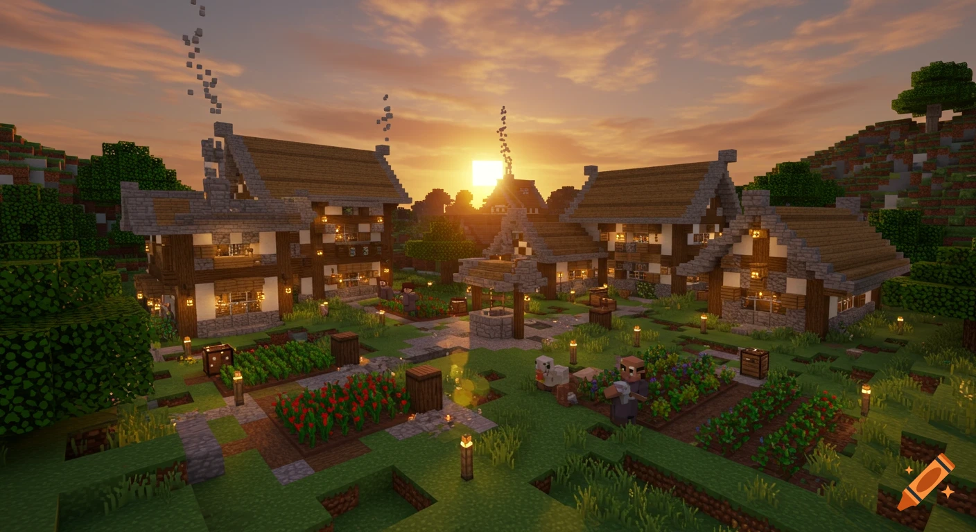 A Minecraft village at sunset.